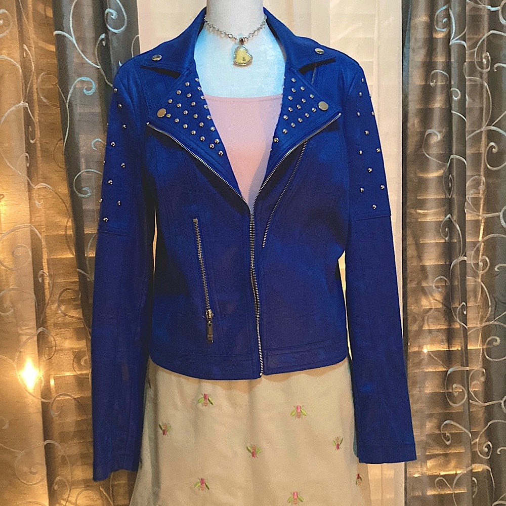 Joseph Ribkoff Elect. Blue Faux Suede moto jacket Silver toned hardware …